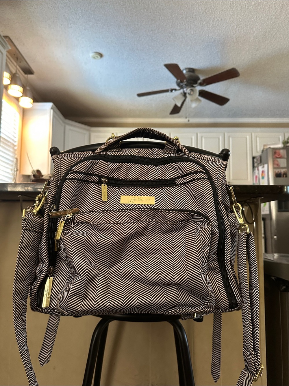 Ju-Ju-Be Chevron Diaper Bag in Black and White with Gold Hardware